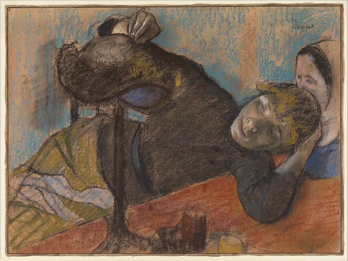 The Milliner, Edgar Degas (French, Paris 1834–1917 Paris), Pastel and charcoal on warm gray wove paper, now discolored to buff (watermark MICHALLET), laid down on dark brown wove paper 