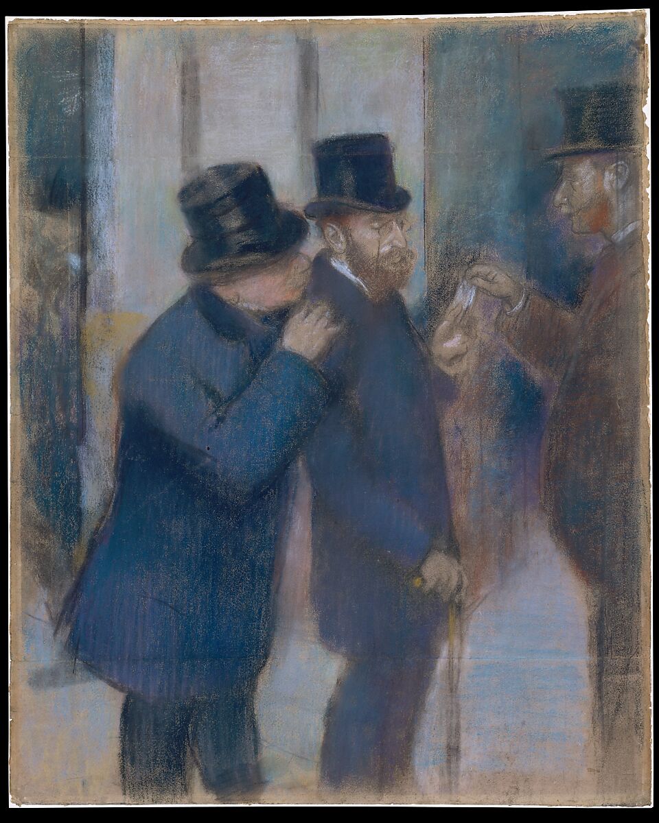 Portraits at the Stock Exchange, Edgar Degas (French, Paris 1834–1917 Paris), Pastel on paper, pieced, and laid down on canvas 