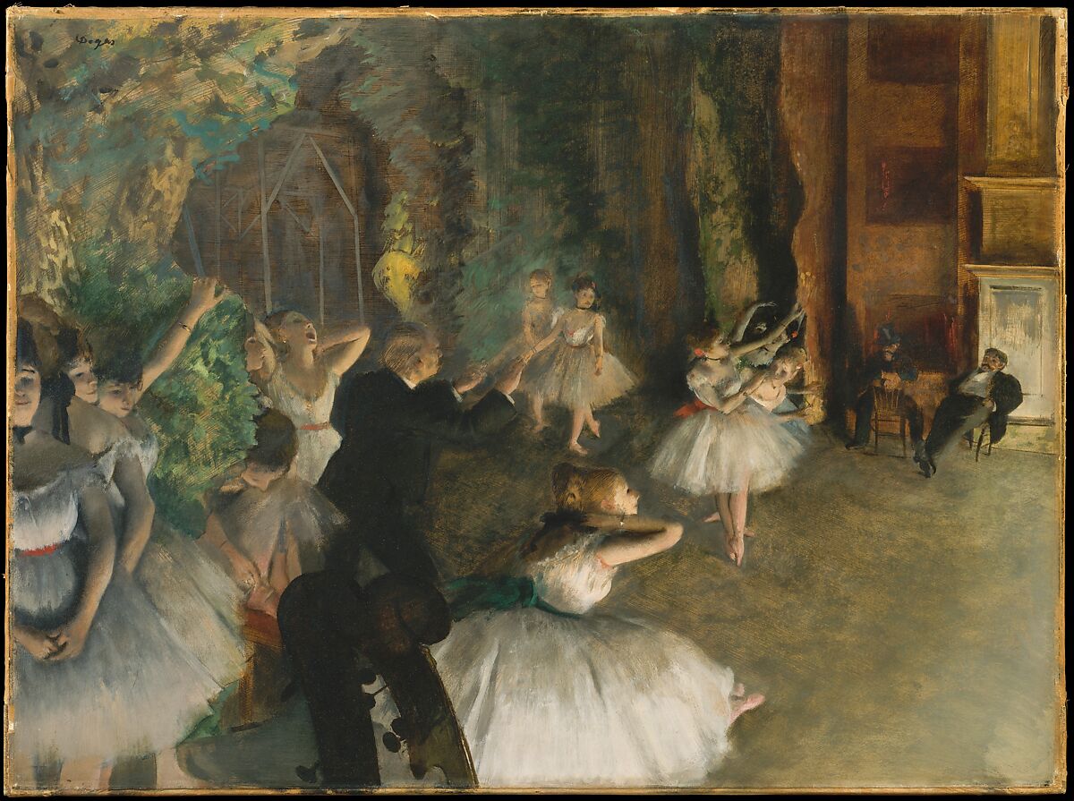 The Rehearsal of the Ballet Onstage, Edgar Degas (French, Paris 1834–1917 Paris), Oil colors freely mixed with turpentine, with traces of watercolor and pastel over pen-and-ink drawing on cream-colored wove paper, laid down on bristol board and mounted on canvas 