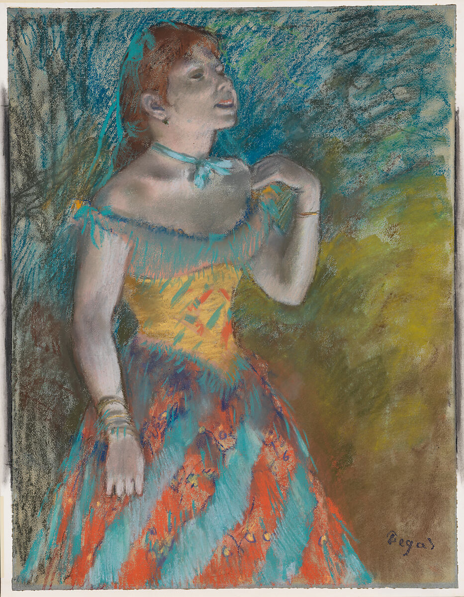 The Singer in Green, Edgar Degas (French, Paris 1834–1917 Paris), Pastel on light blue laid paper 
