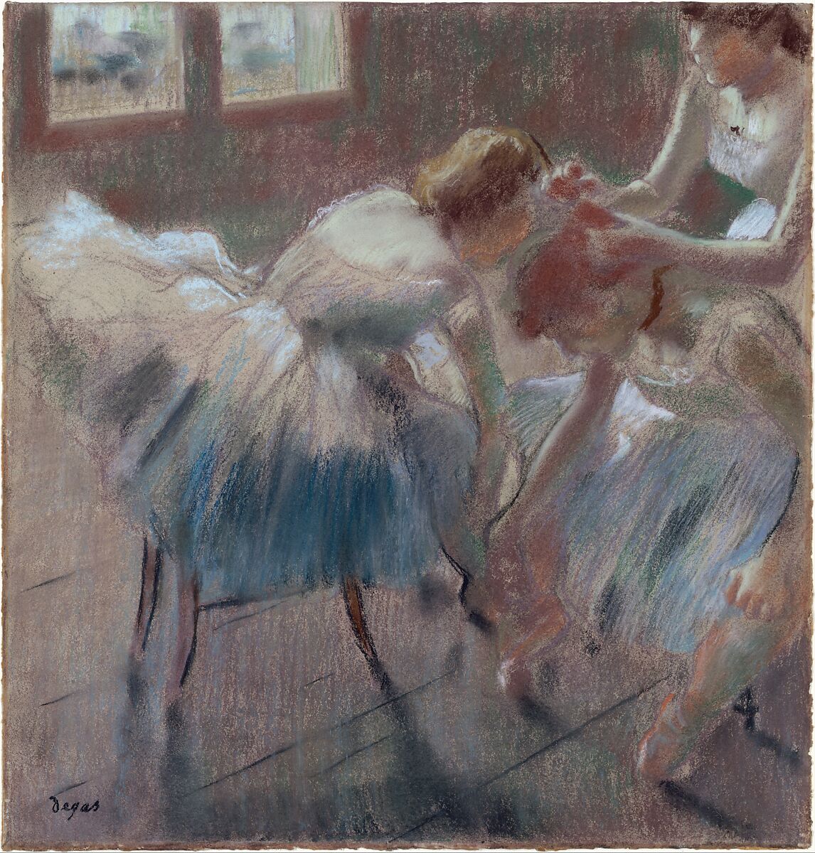 Three Dancers Preparing for Class, Edgar Degas (French, Paris 1834–1917 Paris), Pastel on buff-colored wove paper 