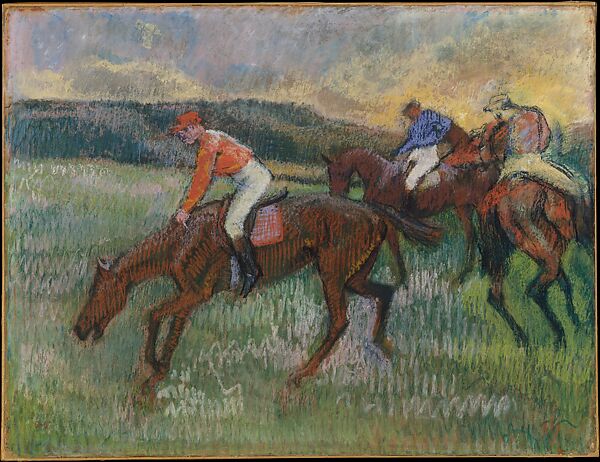 Three Jockeys, Edgar Degas (French, Paris 1834–1917 Paris), Pastel on tracing paper, laid down on board 