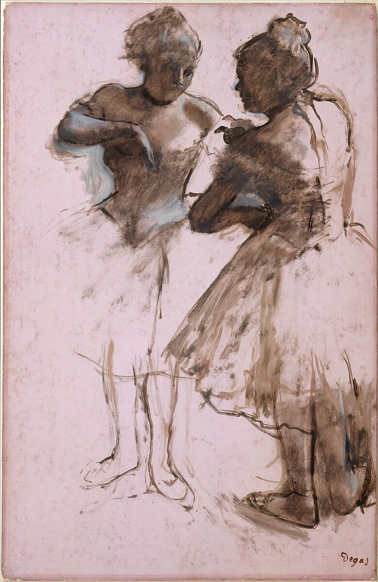 Two Dancers, Edgar Degas (French, Paris 1834–1917 Paris), Dark brown wash and white gouache on bright pink commercially coated wove paper, now faded to pale pink 