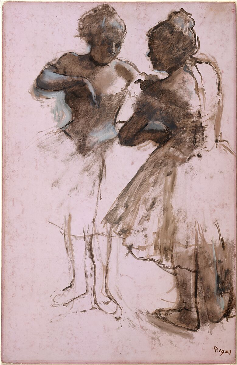 Two Dancers, Edgar Degas  French, Dark brown wash and white gouache on bright pink commercially coated wove paper, now faded to pale pink