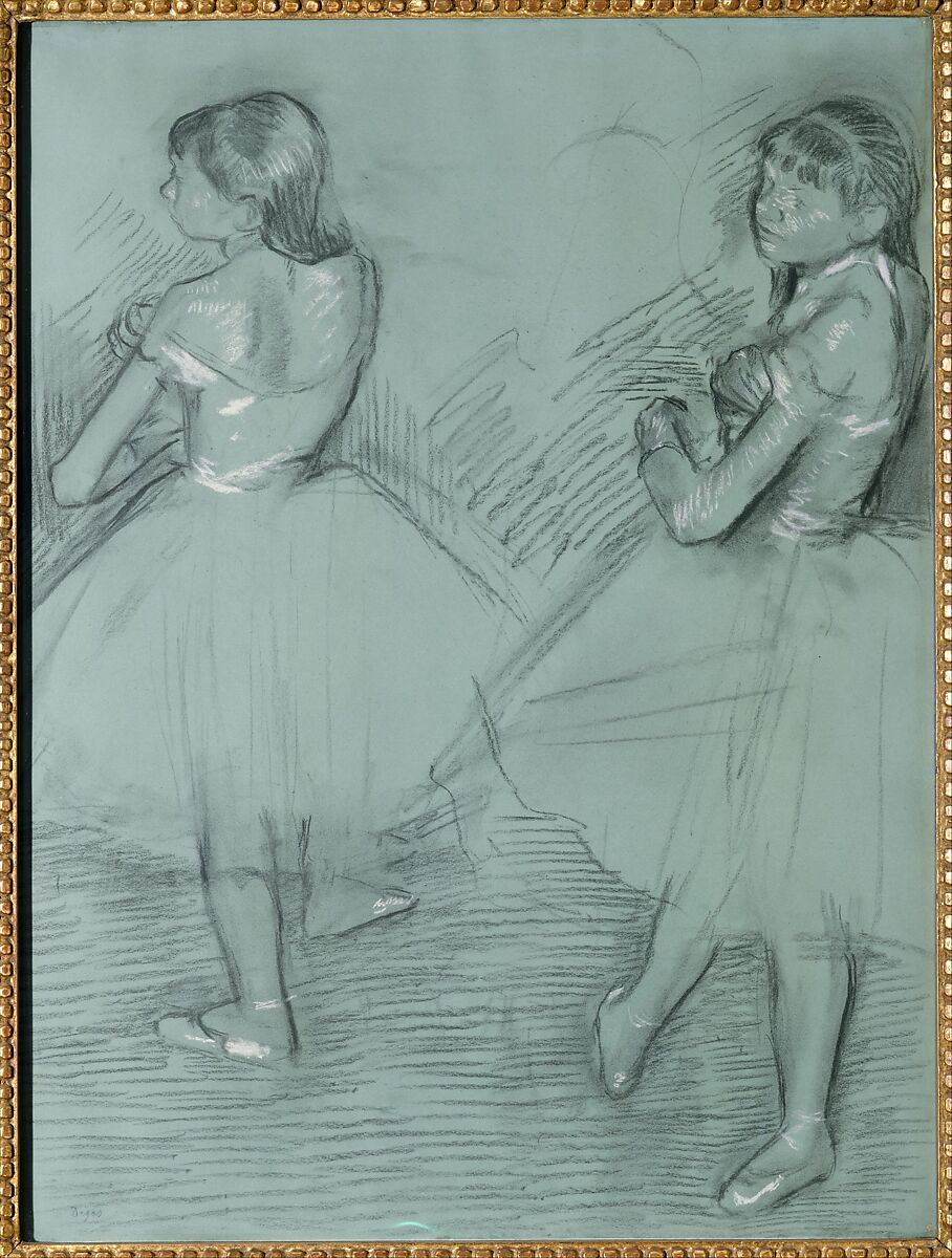 Two Dancers, Edgar Degas (French, Paris 1834–1917 Paris), Charcoal and white chalk on green commercially coated wove paper 
