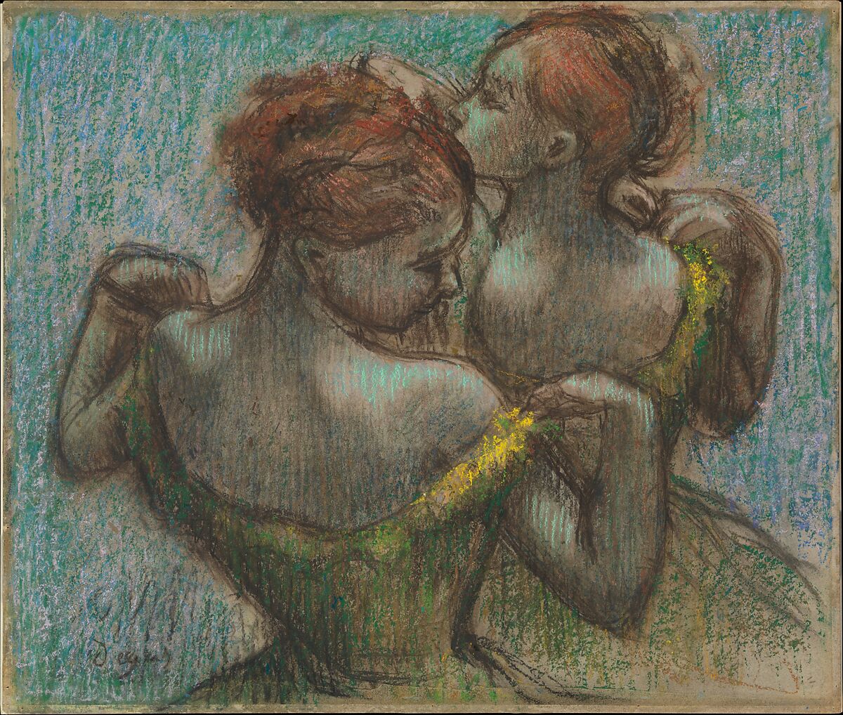 Two Dancers, Half-length, Edgar Degas  French, Pastel and charcoal on tracing paper with a joined strip, laid down on cardboard