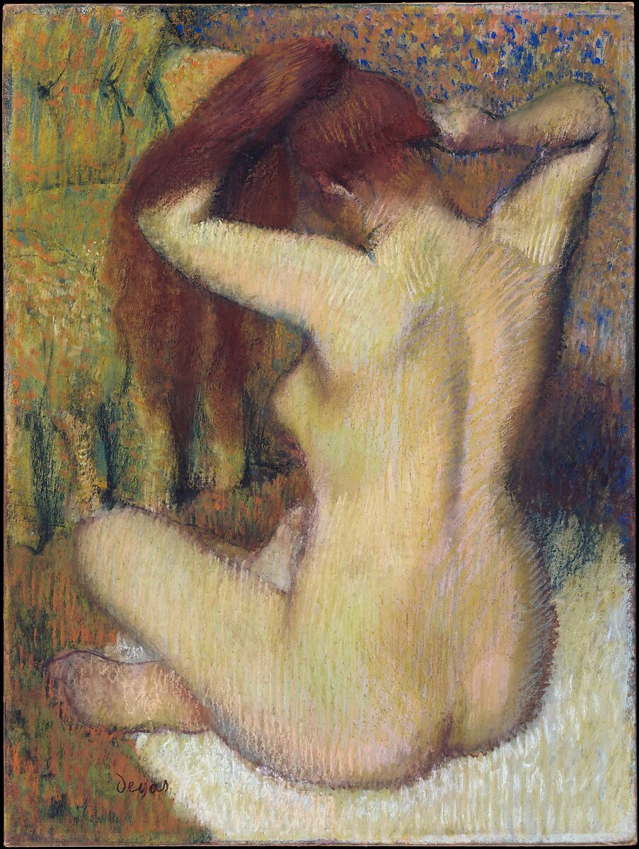 Woman Combing Her Hair, Edgar Degas  French, Pastel on light green wove paper, now discolored to warm gray, affixed to original pulpboard mount