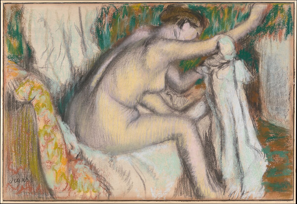 Woman Drying Her Arm, Edgar Degas (French, Paris 1834–1917 Paris), Pastel and charcoal on light pink wove paper, discolored at the edges 