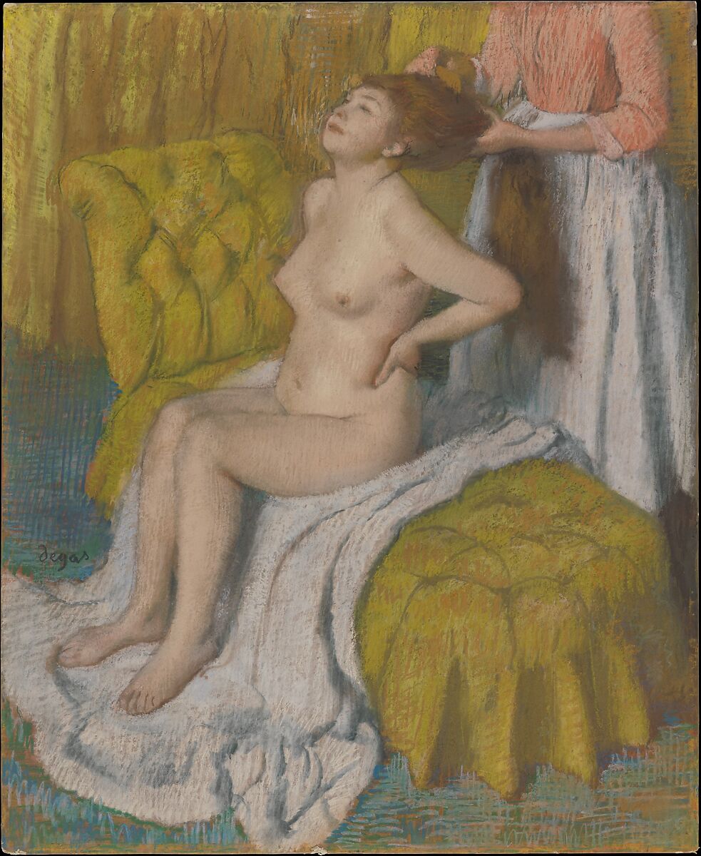 Woman Having Her Hair Combed, Edgar Degas (French, Paris 1834–1917 Paris), Pastel on light green wove paper, now discolored to warm gray, affixed to original pulpboard mount