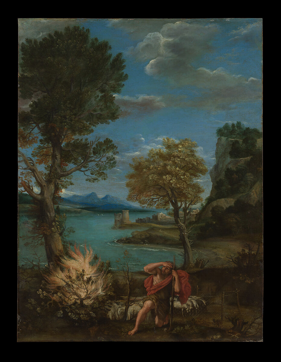 Landscape with Moses and the Burning Bush, Domenichino (Domenico Zampieri) (Italian, Bologna 1581–1641 Naples), Oil on copper 