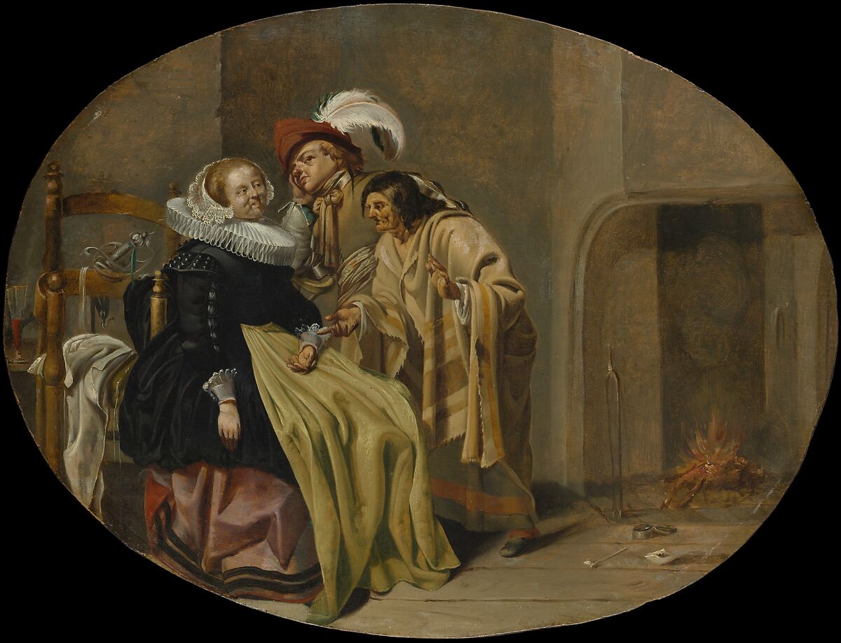 A Couple in an Interior with a Fortune-Teller, Jacob Duck  Dutch, Oil on wood