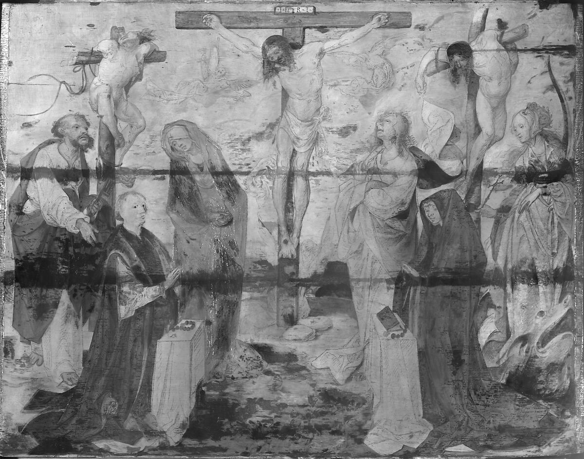 The Crucifixion with Donors and Saints Peter and Margaret of Antioch, Workshop of Cornelis Engebrechtsz (Netherlandish, ca. 1460/62–1527), Oil on wood