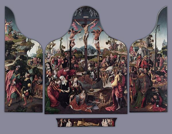 The Crucifixion with Donors and Saints Peter and Margaret of Antioch, Workshop of Cornelis Engebrechtsz (Netherlandish, ca. 1460/62–1527), Oil on wood