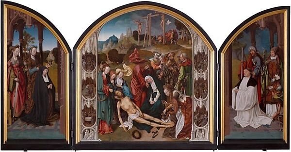 The Crucifixion with Donors and Saints Peter and Margaret of Antioch, Workshop of Cornelis Engebrechtsz (Netherlandish, ca. 1460/62–1527), Oil on wood