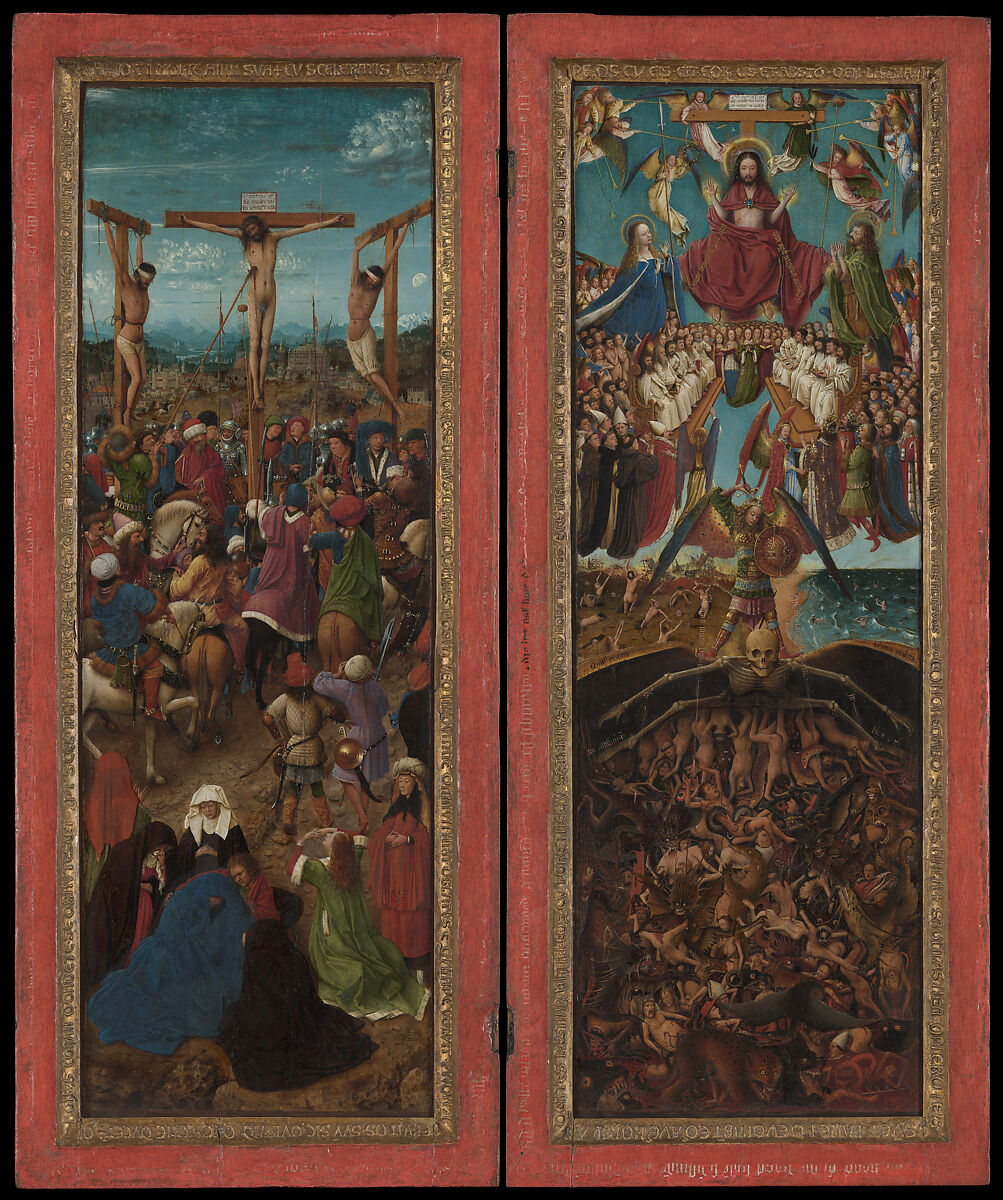 The Crucifixion; The Last Judgment, Jan van Eyck (Netherlandish, Maaseik ca. 1390–1441 Bruges) and Workshop Assistant, Oil on canvas, transferred from wood 
