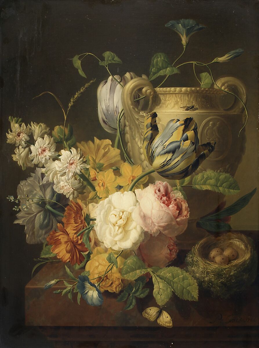 Flowers by a Stone Vase, Peter Faes (Flemish, 1750–1814), Oil on wood 