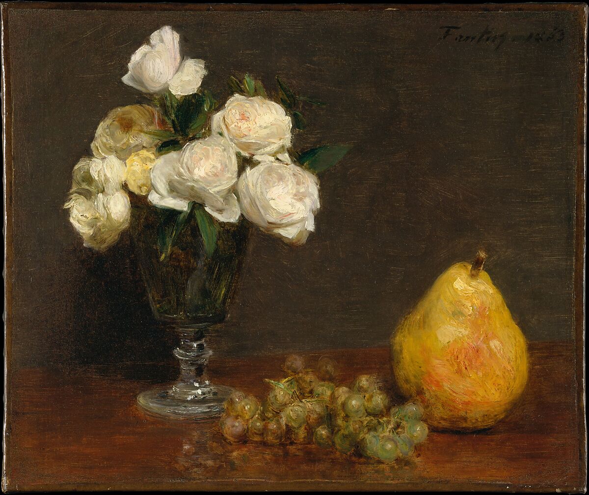 Still Life with Roses and Fruit, Henri Fantin-Latour (French, Grenoble 1836–1904 Buré), Oil on canvas 