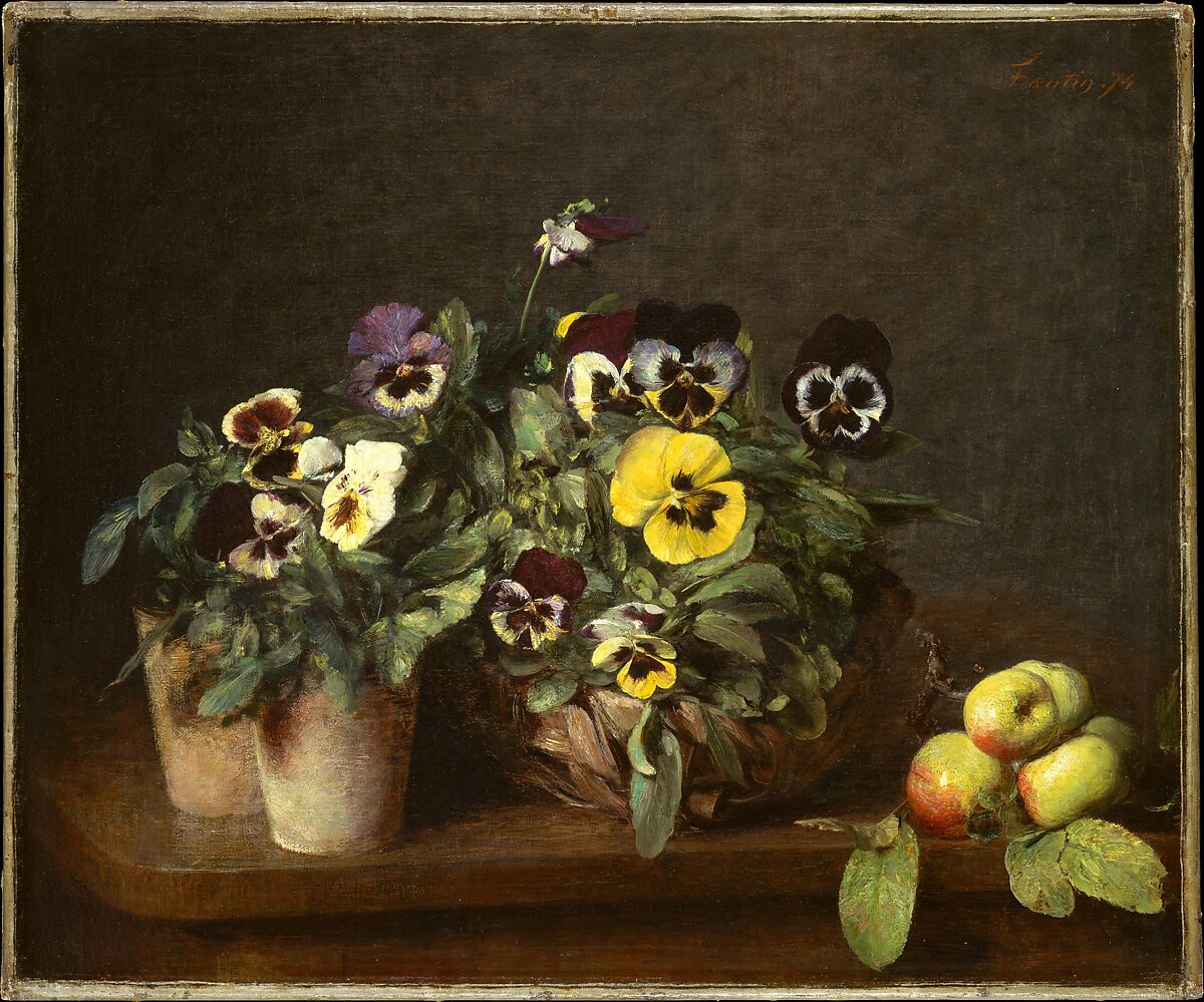 Still Life with Pansies, Henri Fantin-Latour (French, Grenoble 1836–1904 Buré), Oil on canvas 