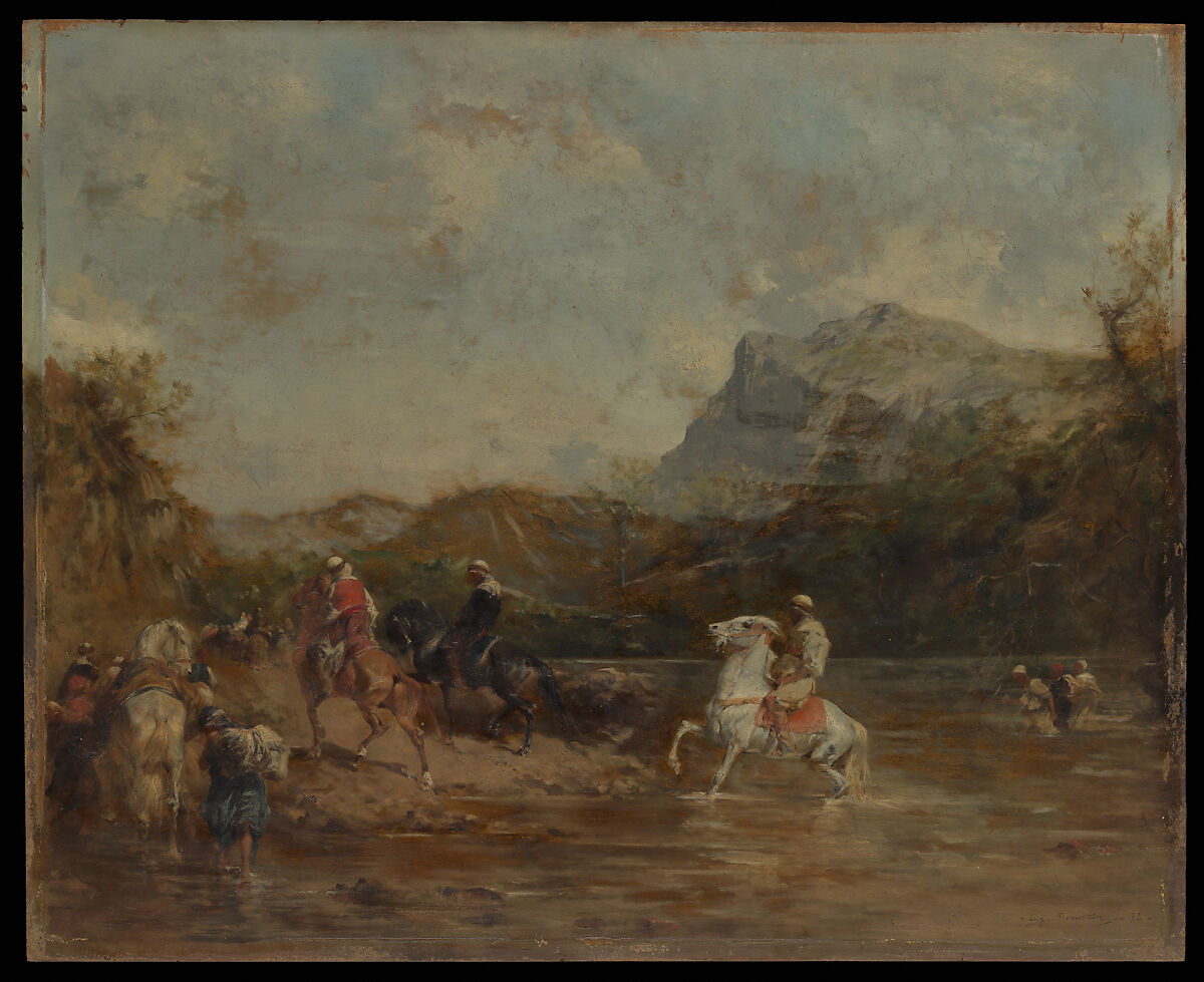 Arabs Crossing a Ford, Eugène Fromentin (French, La Rochelle 1820–1876 Saint-Maurice), Oil on wood 