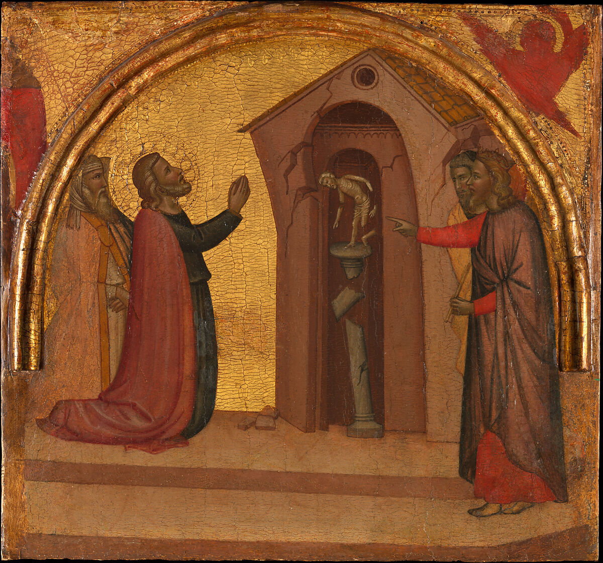 Saint John the Evangelist Causes a Pagan Temple to Collapse, Francescuccio Ghissi (Francesco di Cecco Ghissi) (Italian, Marchigian, active 1359–74), Tempera on wood, gold ground 