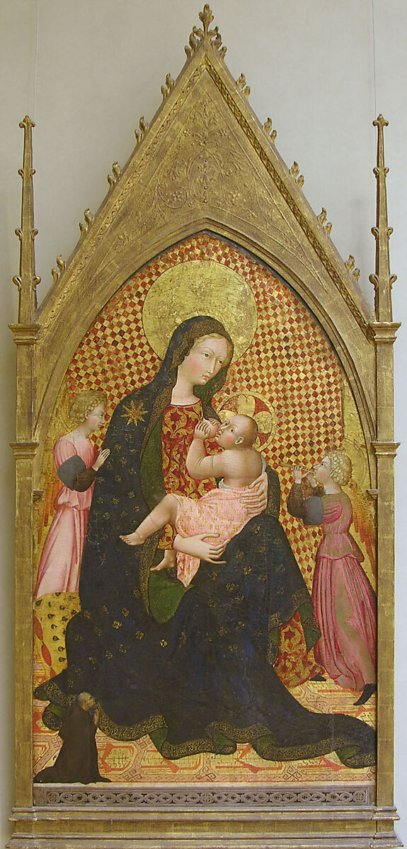 Madonna and Child with Two Angels and a Donor, Giovanni di Paolo (Giovanni di Paolo di Grazia) (Italian, Siena 1398–1482 Siena), Tempera on wood, gold ground (partly checkered with modern red glazes)
