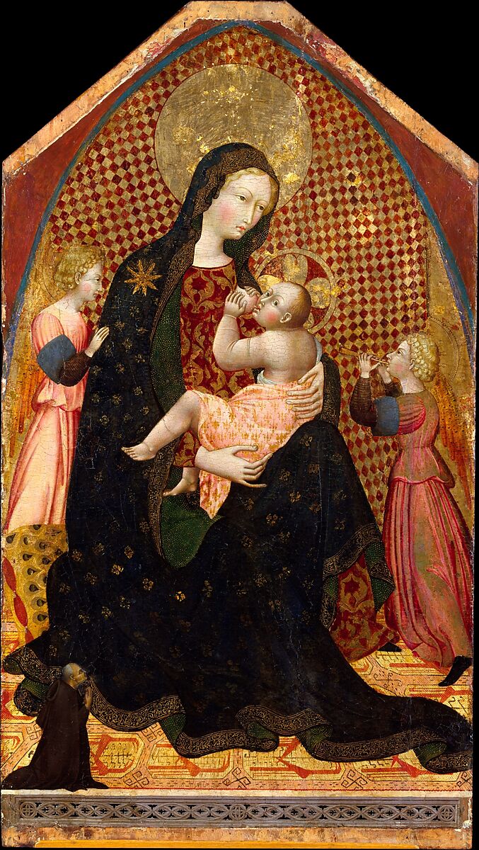 Madonna and Child with Two Angels and a Donor, Giovanni di Paolo (Giovanni di Paolo di Grazia) (Italian, Siena 1398–1482 Siena), Tempera on wood, gold ground (partly checkered with modern red glazes) 