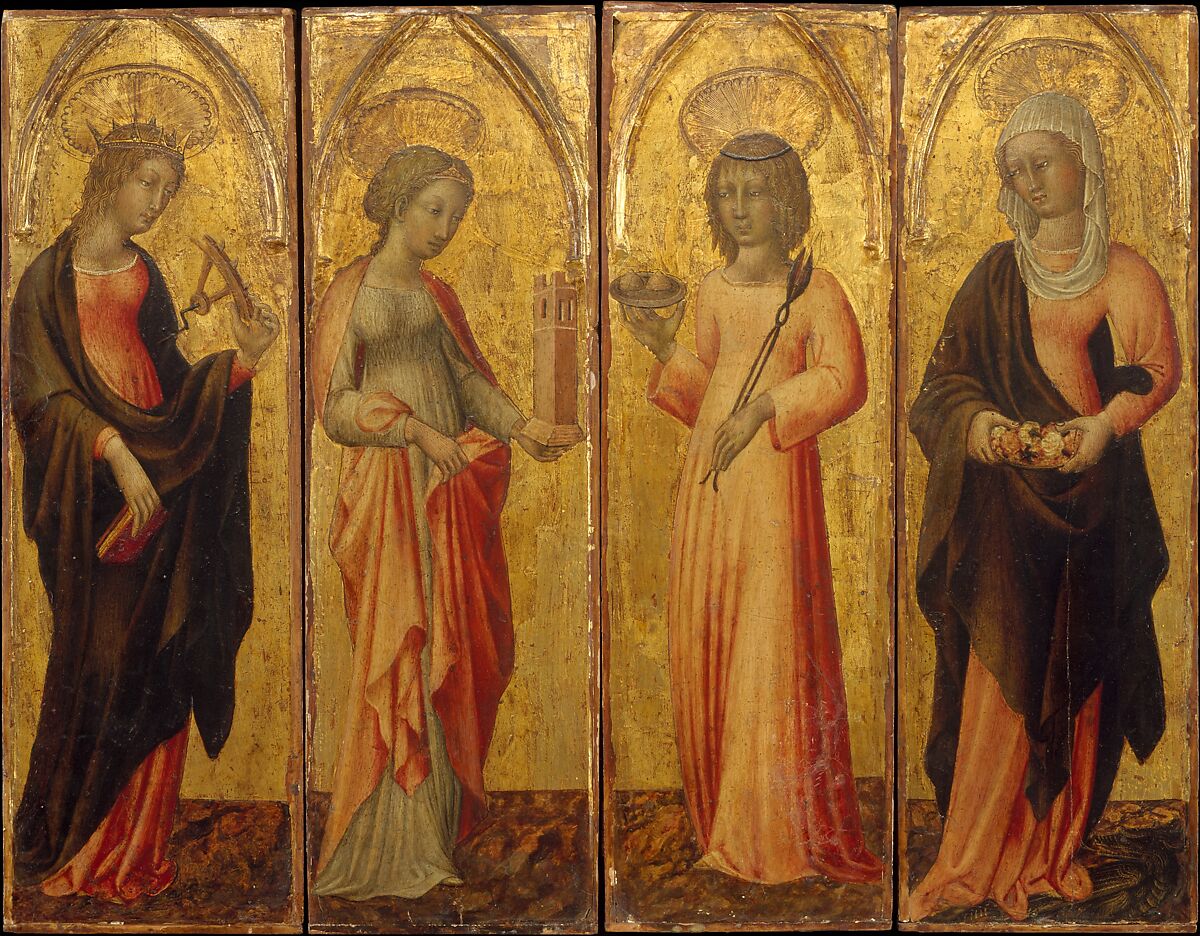 Saints Catherine of Alexandria, Barbara, Agatha, and Margaret, Giovanni di Paolo (Giovanni di Paolo di Grazia) (Italian, Siena 1398–1482 Siena), Tempera on wood, gold ground 