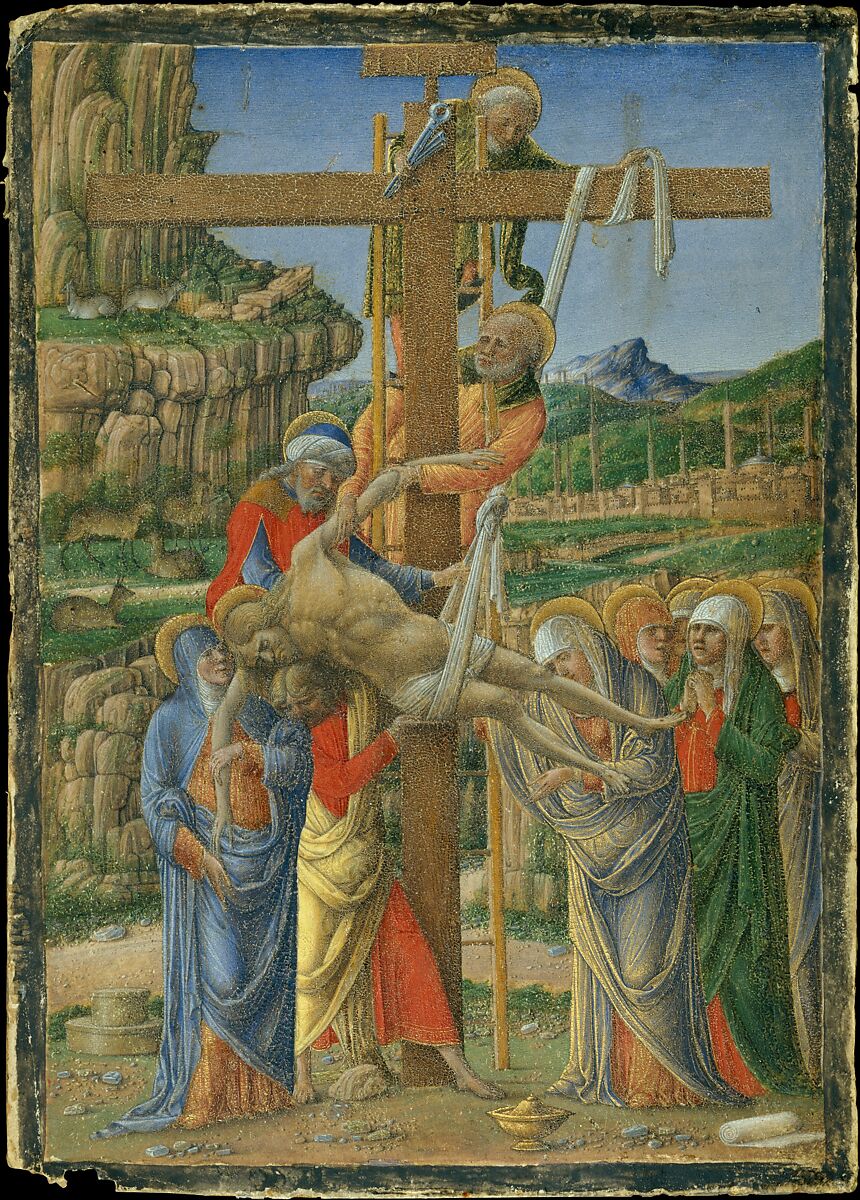 Descent from the Cross, Girolamo da Cremona (Italian, active 1451–83), Tempera on parchment, laid down on wood 