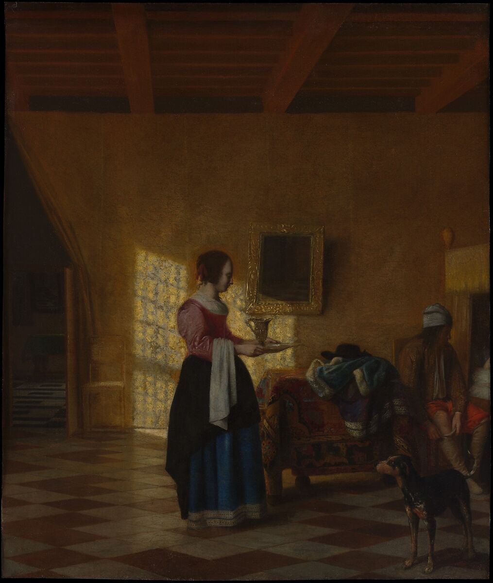 Woman with a Water Pitcher, and a Man by a Bed, Pieter de Hooch (Dutch, Rotterdam 1629–1684 Amsterdam), Oil on canvas 