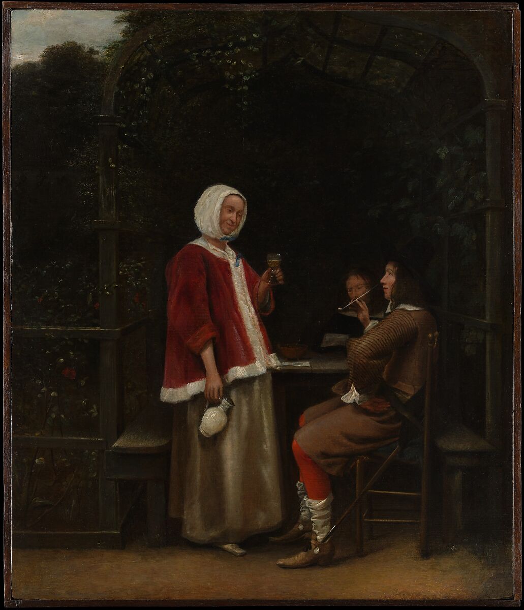 A Woman and Two Men in an Arbor, Pieter de Hooch (Dutch, Rotterdam 1629–1684 Amsterdam), Oil on wood 