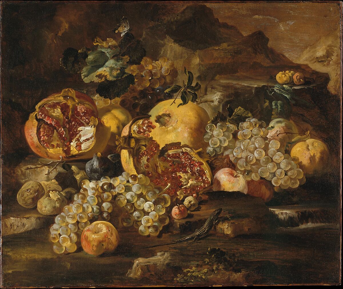 Pomegranates and Other Fruit in a Landscape, Abraham Brueghel  Flemish, Oil on canvas