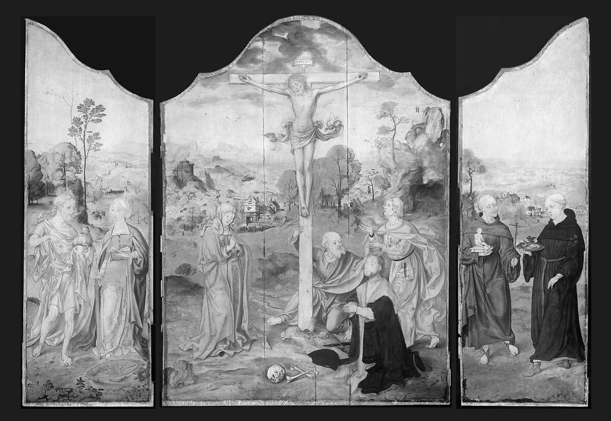 The Crucifixion with Saints and a Donor, Joos van Cleve (Netherlandish, Cleve ca. 1485–1540/41 Antwerp) and a collaborator, Oil on wood