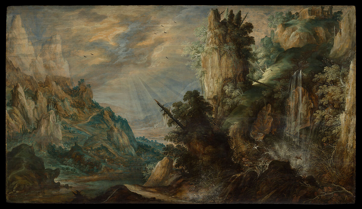 A Mountainous Landscape with a Waterfall, Kerstiaen de Keuninck (Flemish, Kortrijk ca. 1560–1632/33 Antwerp), Oil on wood 