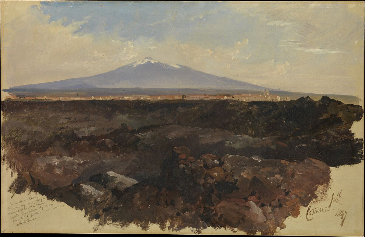 Catania and Mount Etna, Edward Lear (British, London 1812–1888 San Remo), Oil on board 