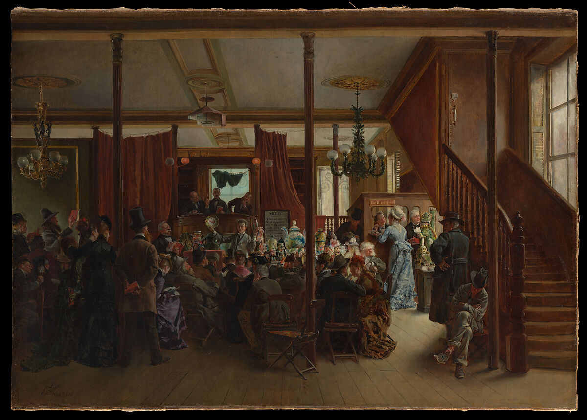 Auction Sale in Clinton Hall, New York, 1876, Ignacio de León y Escosura (Spanish, Oviedo 1834–1901 Toledo), Oil on canvas 