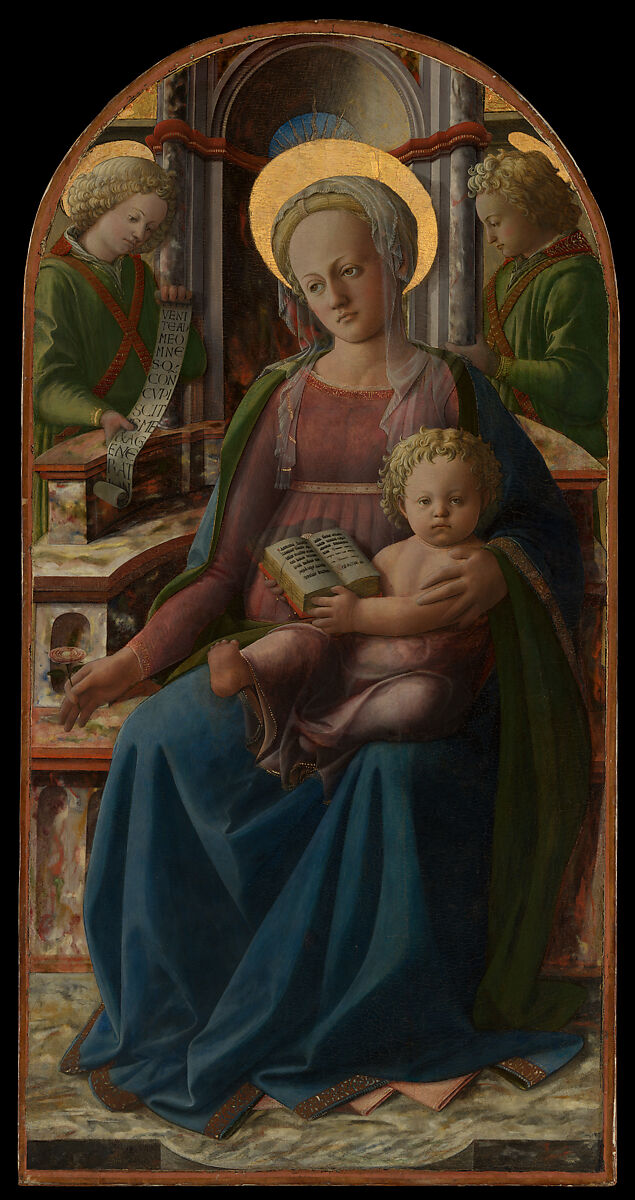 Madonna and Child Enthroned with Two Angels, Fra Filippo Lippi (Italian, Florence ca. 1406–1469 Spoleto), Tempera and gold on wood, transferred from wood 