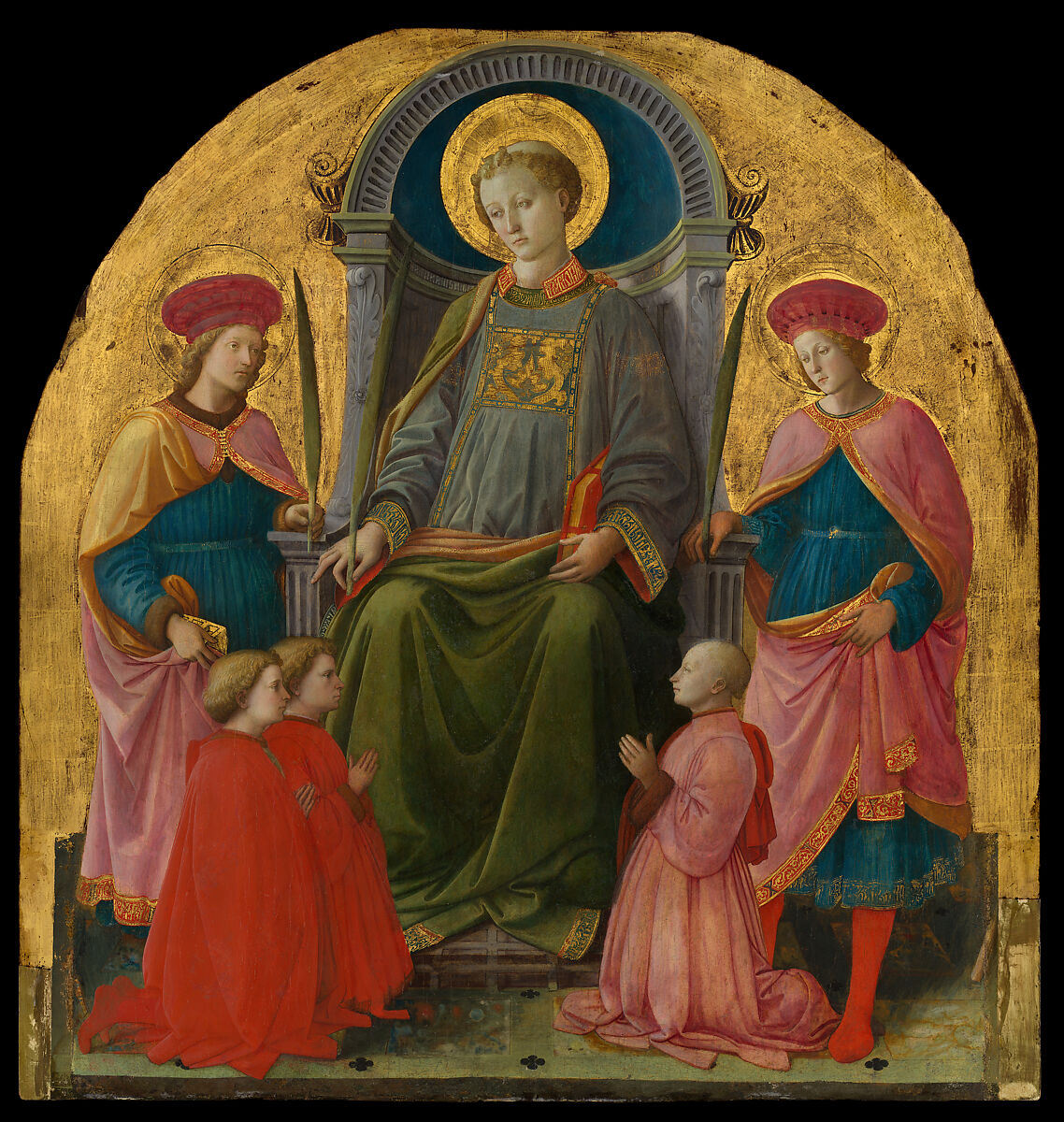 Saint Lawrence Enthroned with Saints and Donors, Fra Filippo Lippi (Italian, Florence ca. 1406–1469 Spoleto), Tempera on wood, gold ground 