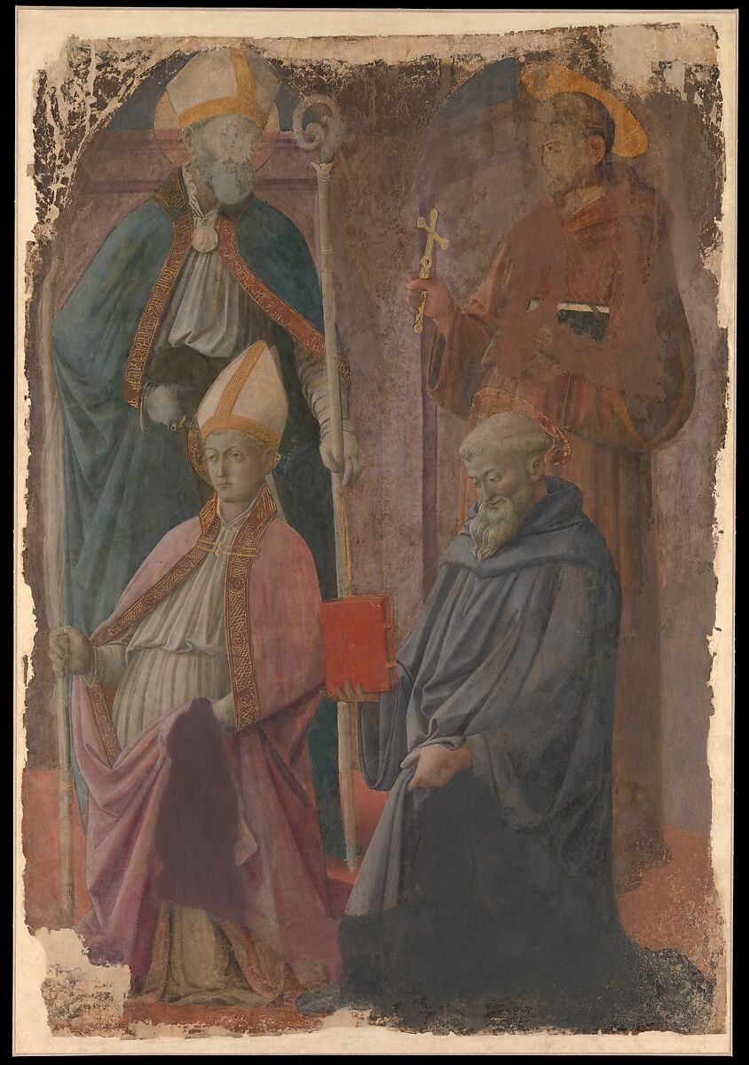 Saints Augustine and Francis, a Bishop Saint, and Saint Benedict, Fra Filippo Lippi (Italian, Florence ca. 1406–1469 Spoleto), Tempera on paper, laid down on canvas, transferred from wood 