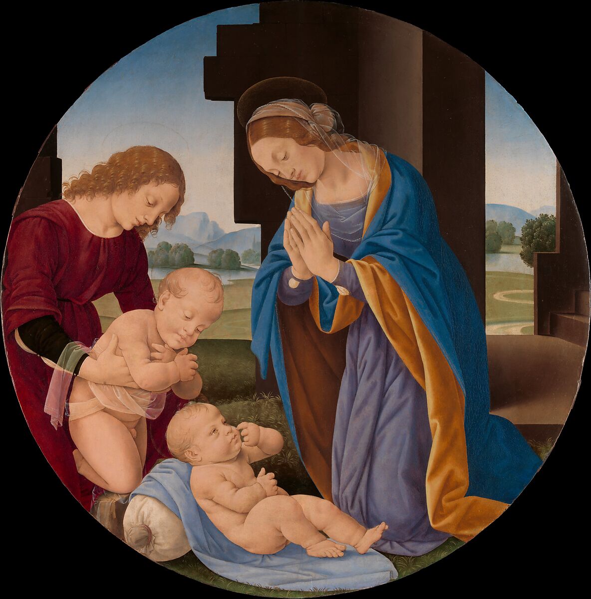 Madonna Adoring the Child with the Infant Saint John the Baptist and an Angel, Lorenzo di Credi (Lorenzo d&#39;Andrea d&#39;Oderigo) (Italian, Florence 1456/59–1536 Florence), Tempera on wood 