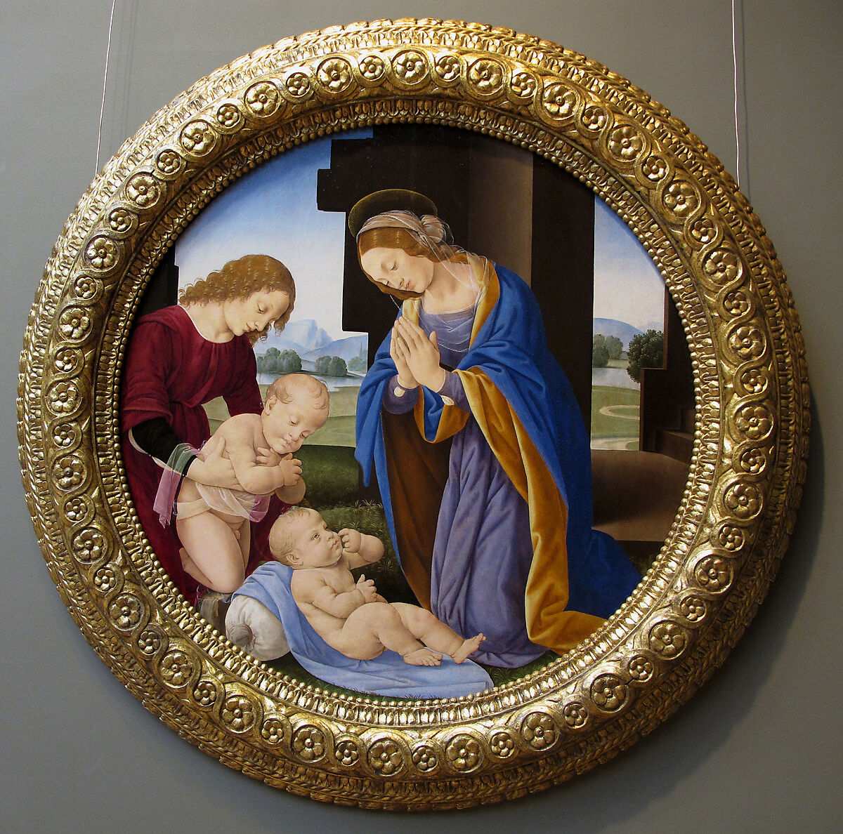Madonna Adoring the Child with the Infant Saint John the Baptist and an Angel, Lorenzo di Credi (Lorenzo d'Andrea d'Oderigo) (Italian, Florence 1456/59–1536 Florence), Tempera on wood