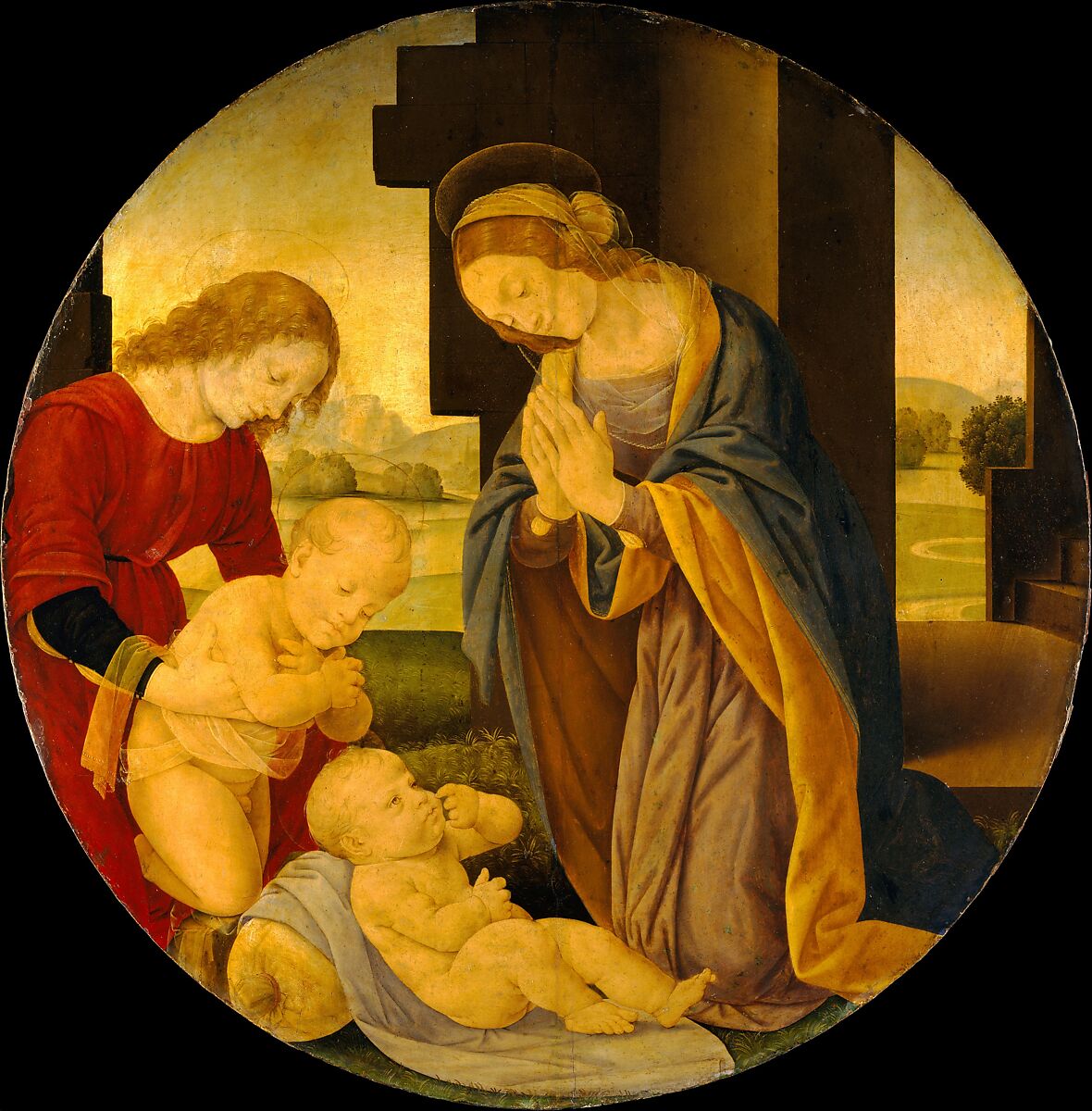 Madonna Adoring the Child with the Infant Saint John the Baptist and an Angel, Lorenzo di Credi (Lorenzo d'Andrea d'Oderigo) (Italian, Florence 1456/59–1536 Florence), Tempera on wood