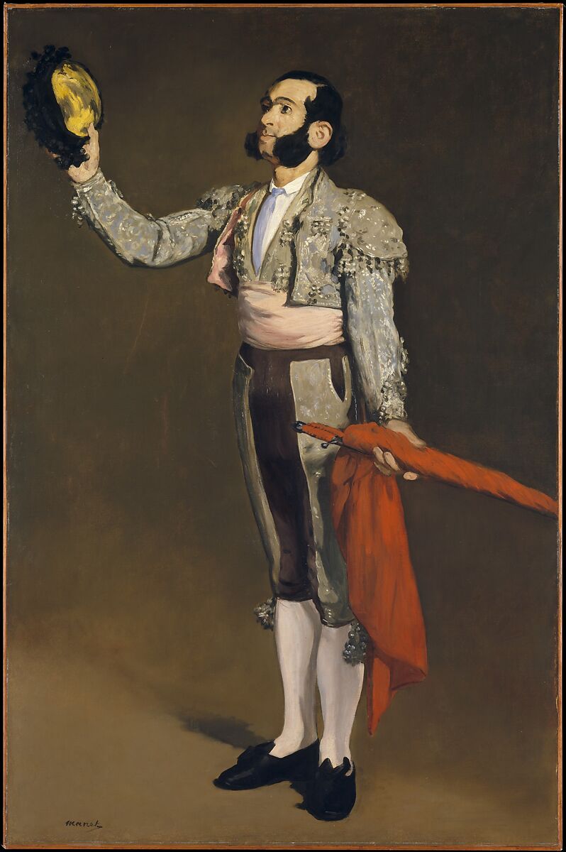 Oil painting of a matador. He is holding a red cloth in his left hand, a yellow hat in his right, and looking up.