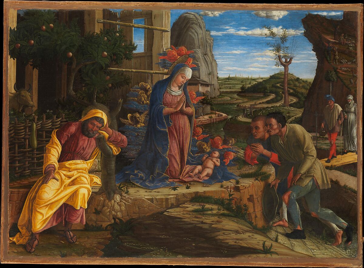 The Adoration of the Shepherds, Andrea Mantegna (Italian, Isola di Carturo 1430/31–1506 Mantua), Tempera on canvas, transferred from wood 