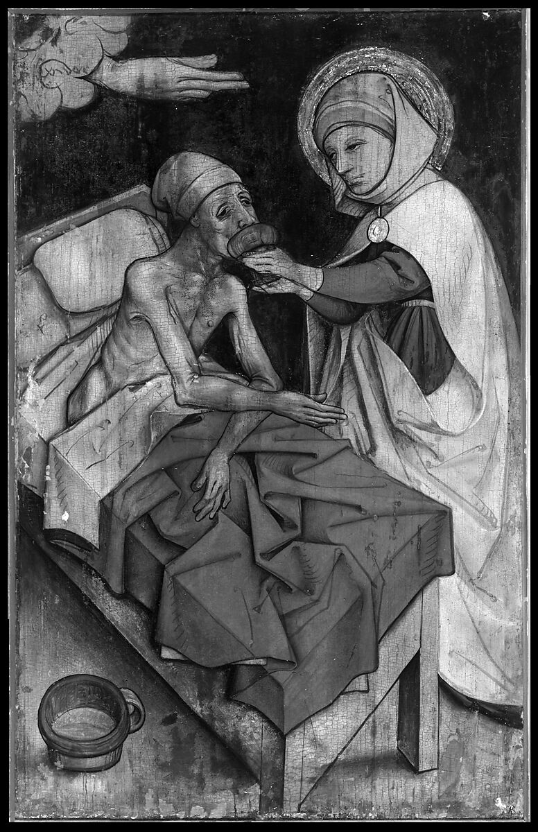 The Martyrdom of Saint Lawrence; (reverse) Giving Drink to the Thirsty, Master of the Acts of Mercy (Austrian, Salzburg, ca. 1465), Oil on fir, (obverse) gold ground