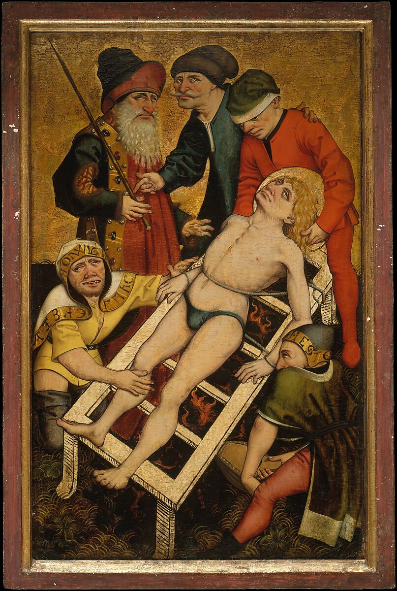 The Martyrdom of Saint Lawrence; (reverse) Giving Drink to the Thirsty, Master of the Acts of Mercy (Austrian, Salzburg, ca. 1465), Oil on fir, (obverse) gold ground 