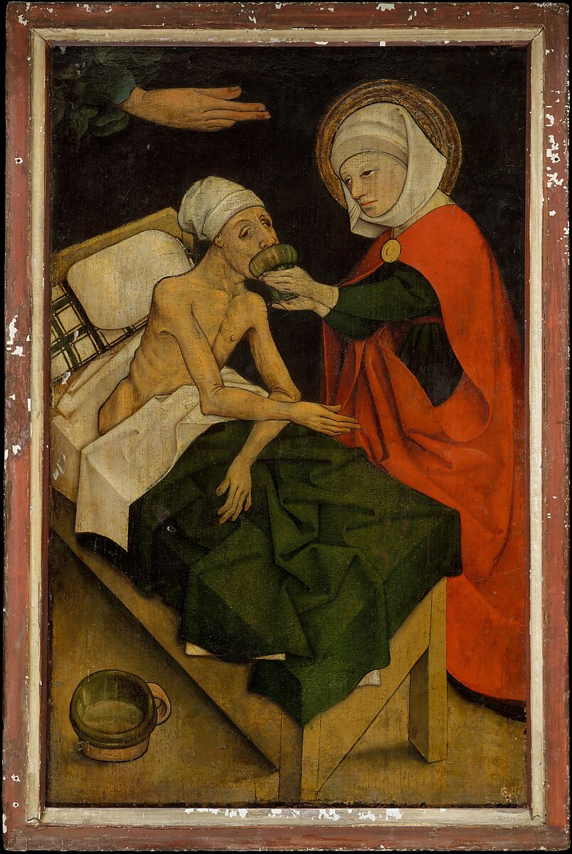 The Martyrdom of Saint Lawrence; (reverse) Giving Drink to the Thirsty, Master of the Acts of Mercy (Austrian, Salzburg, ca. 1465), Oil on fir, (obverse) gold ground