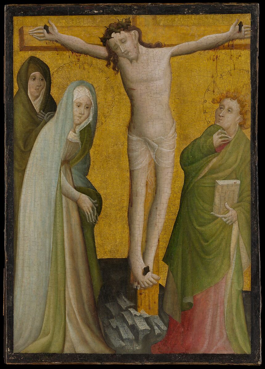 The Crucifixion, Master of the Berswordt Altar (German, Westphalian, active ca. 1400–35), Oil, egg(?), and gold on plywood, transferred from wood 