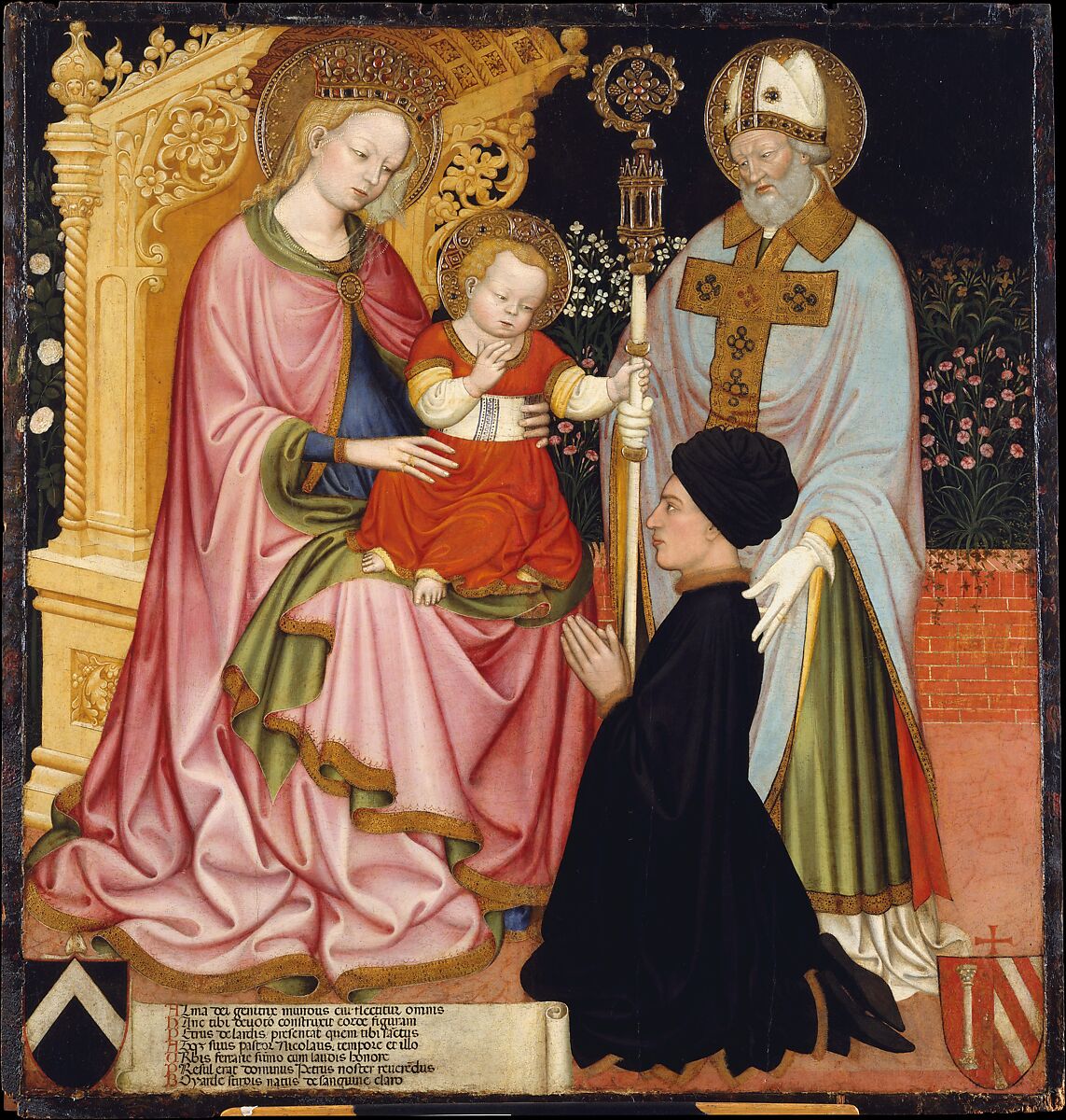 Madonna and Child with the Donor, Pietro de' Lardi, Presented by Saint Nicholas, Master G.Z. (possibly Michele dai Carri, Italian, Ferrara, active by 1405–died 1441 Ferrara)  Italian, Tempera and gold on wood