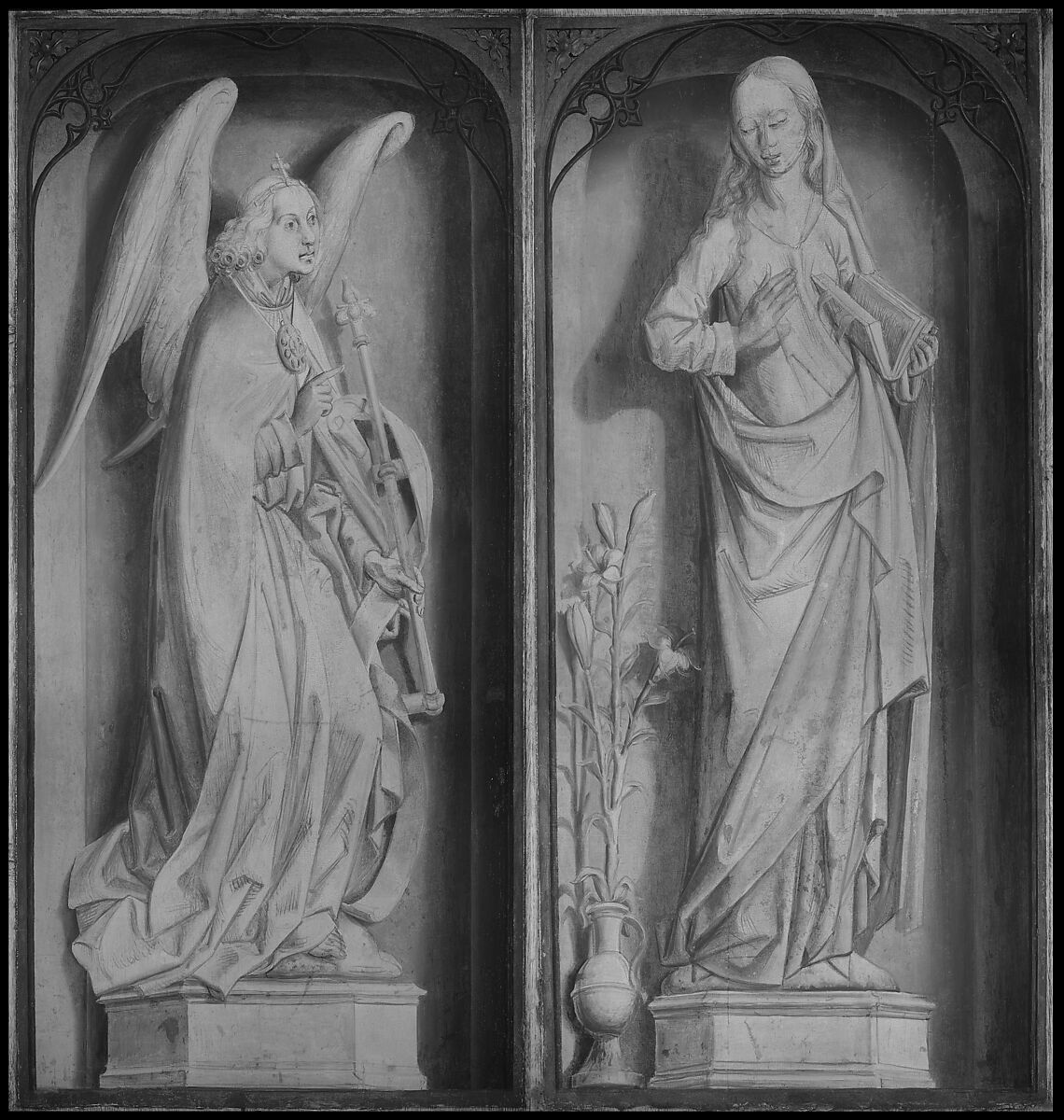 Abner's Messenger before David; The Queen of Sheba Bringing Gifts to Solomon; The Annunciation, Master of the Saint Barbara Legend (Netherlandish, active late 15th century) and a collaborator, Oil on oak