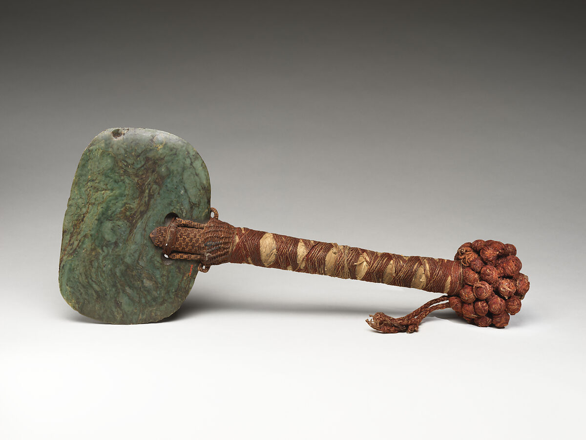 Ceremonial axe, Nephrite, wood, fiber, flying fox fur, New Caledonia